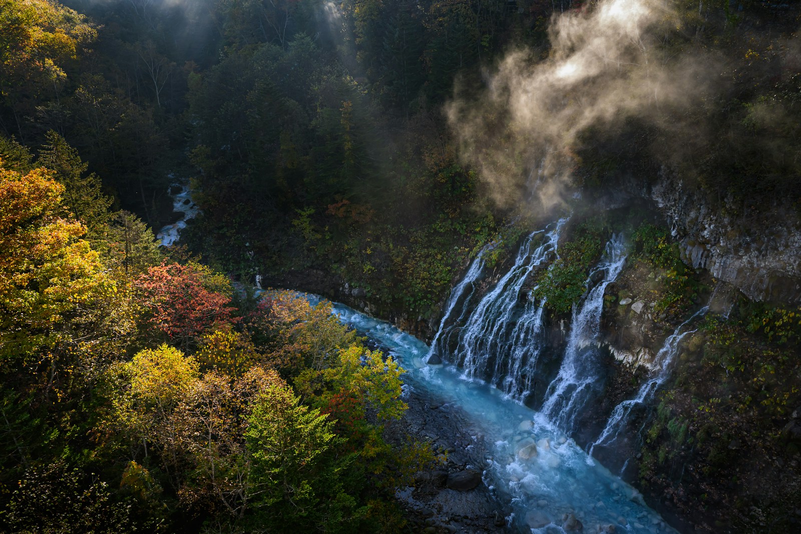 森の中の滝と水しぶき